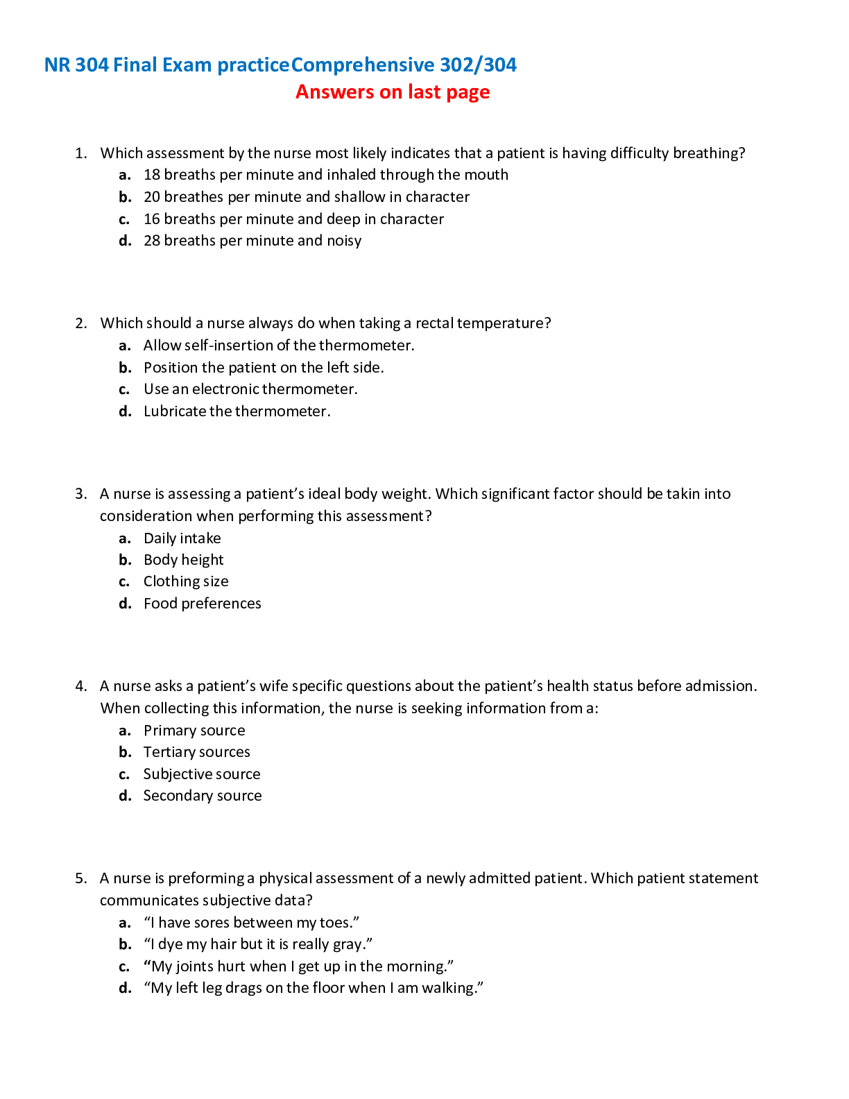 Preview image of NR 304 Final Exam practice questions Comprehensive document